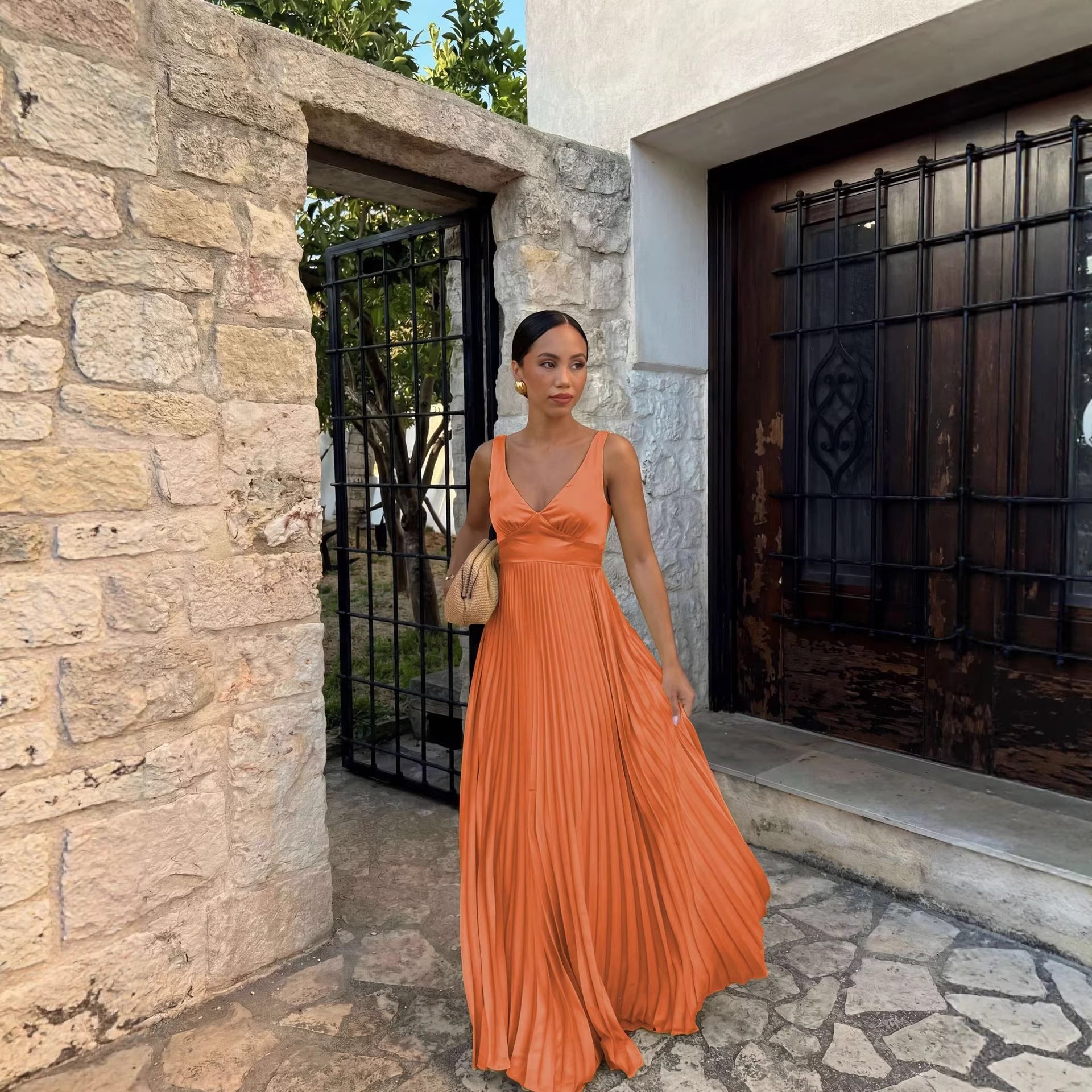 Women's Wedding Guest Dresses Pleated Maxi Dress V-Neck