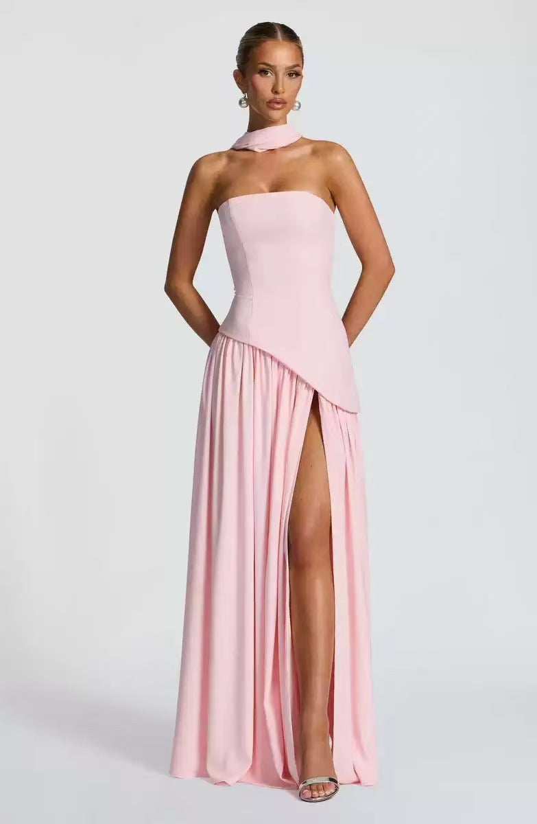 Women's Wedding Guest Strapless Maxi Dress with Leg Split