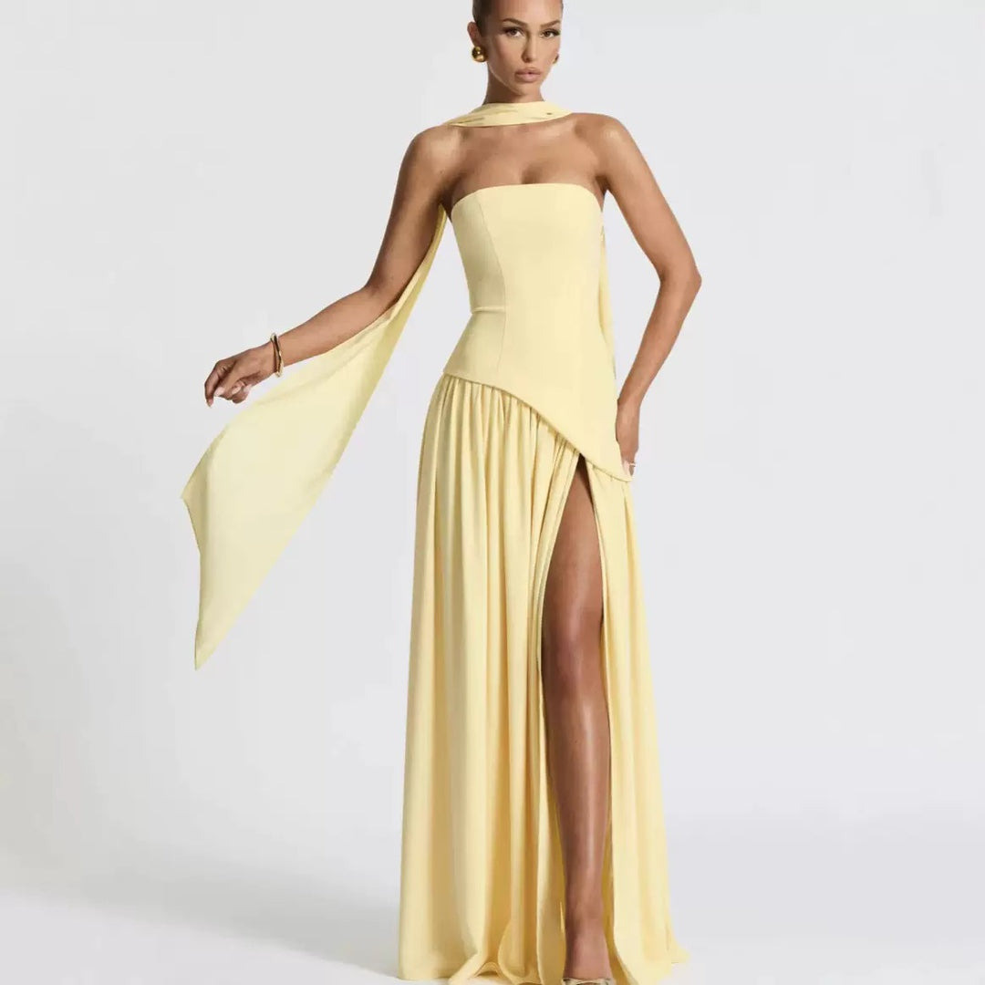 Women's Wedding Guest Strapless Maxi Dress with Leg Split