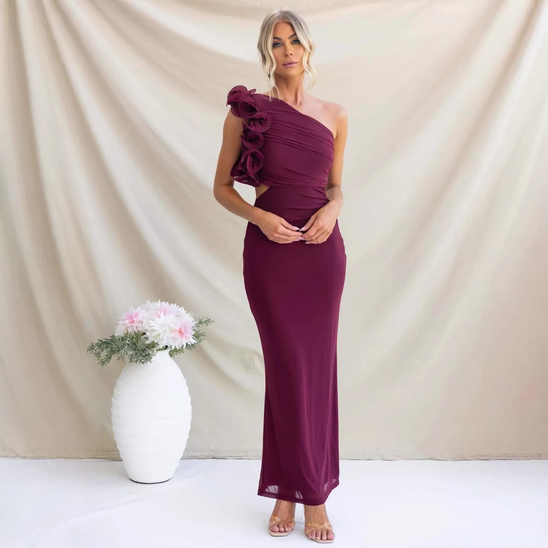 Women's Wedding Guest Dresses One-Shoulder Maxi Dress with Ruffles