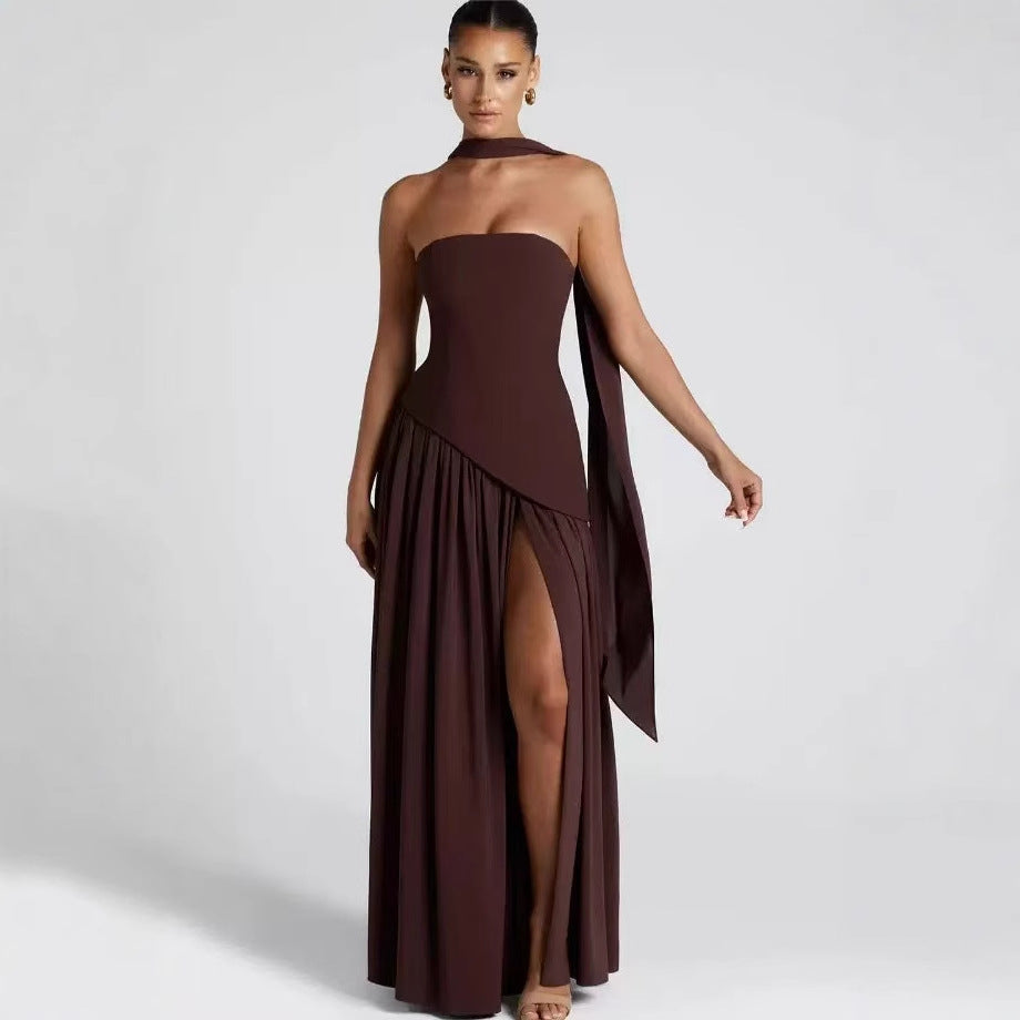 Women's Wedding Guest Strapless Maxi Dress with Leg Split