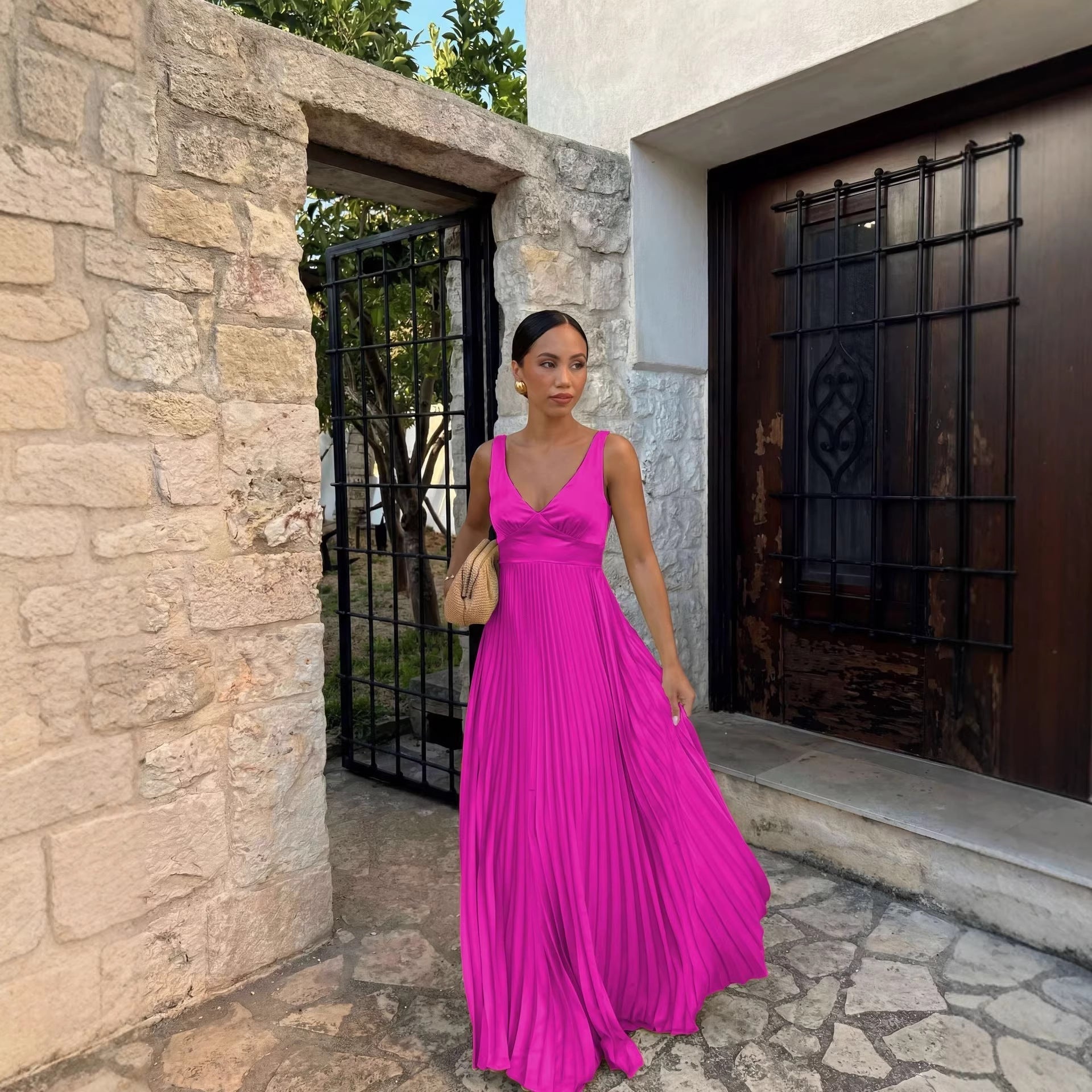 Women's Wedding Guest Dresses Pleated Maxi Dress V-Neck