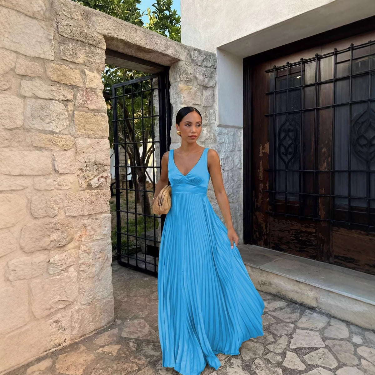 Women's Wedding Guest Dresses Pleated Maxi Dress V-Neck