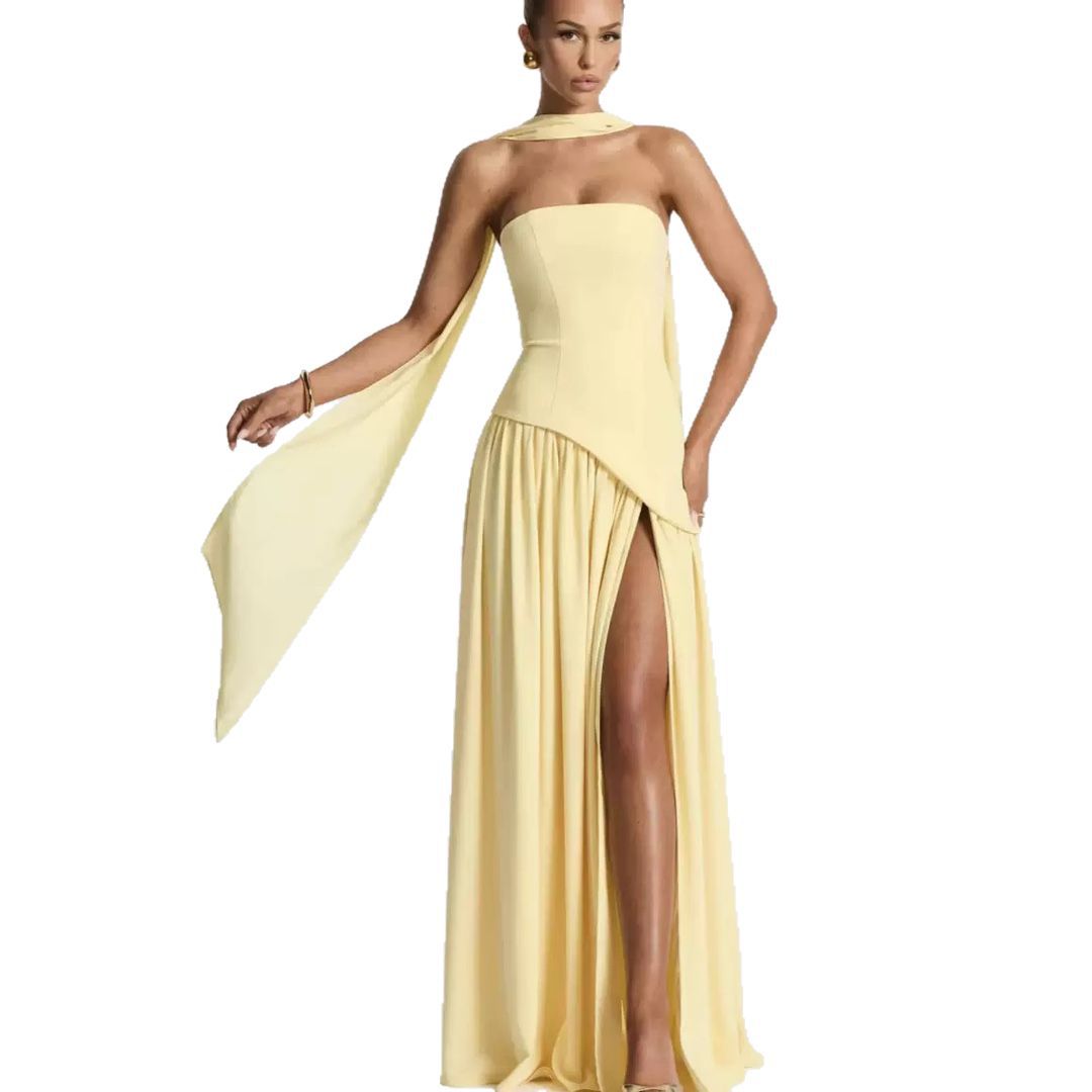Women's Wedding Guest Strapless Maxi Dress with Leg Split