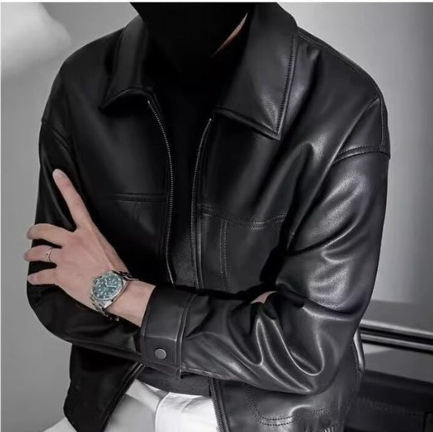 Leather Jacket Men Slim Fit Zip Closure Straight Collar