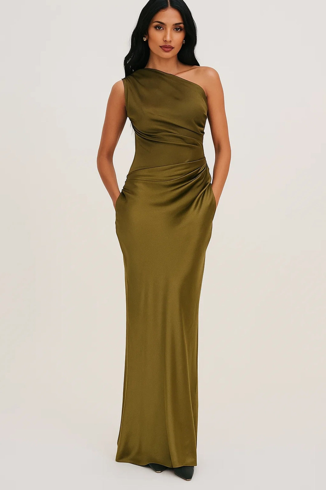 Women's Maxi Dress One Shoulder Fitted Cut Pleated Waist