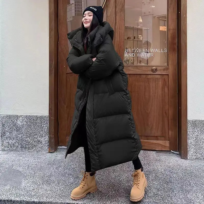 Long Quilted Puffer Jacket for Women with Hood - Winter