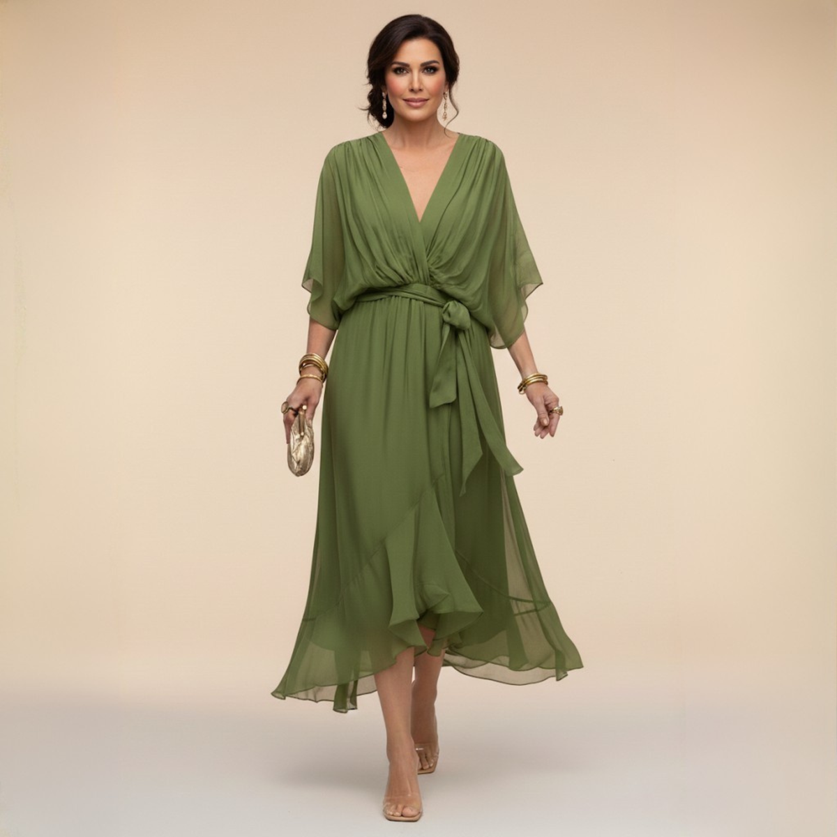 Women's draped wrap midi dress