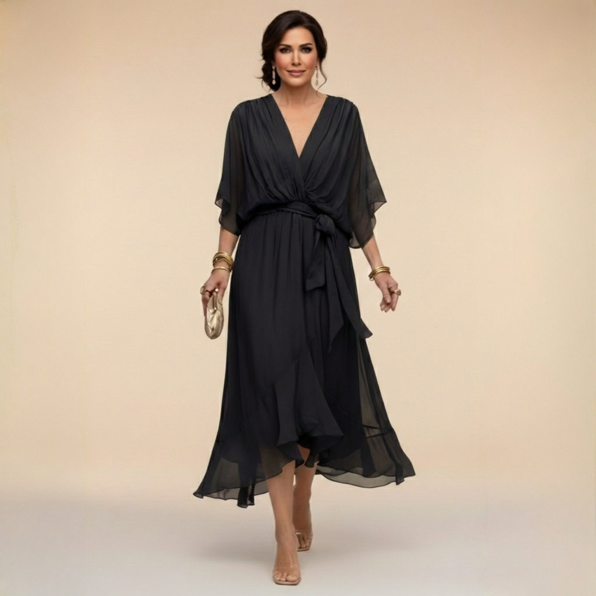 Women's draped wrap midi dress