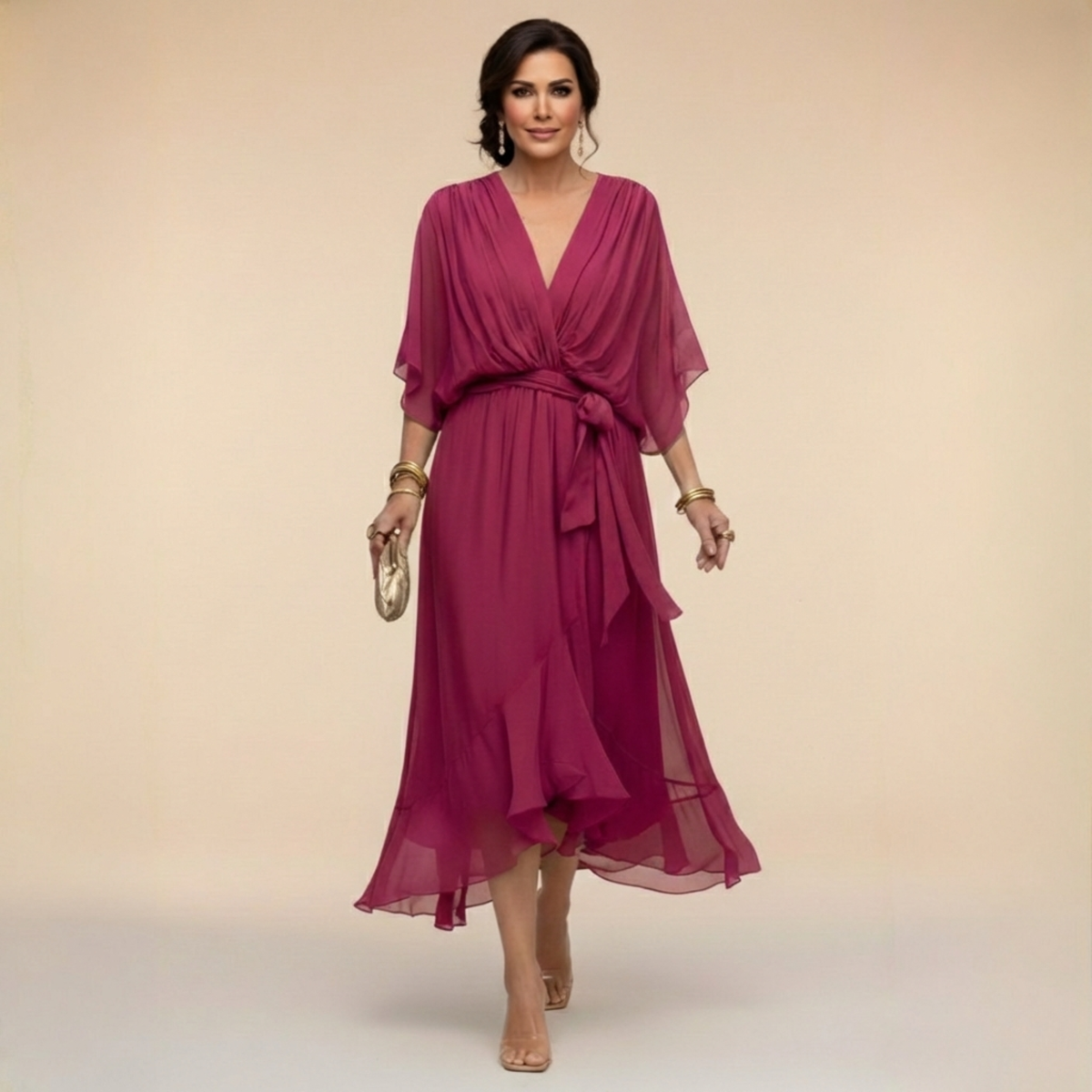 Women's draped wrap midi dress