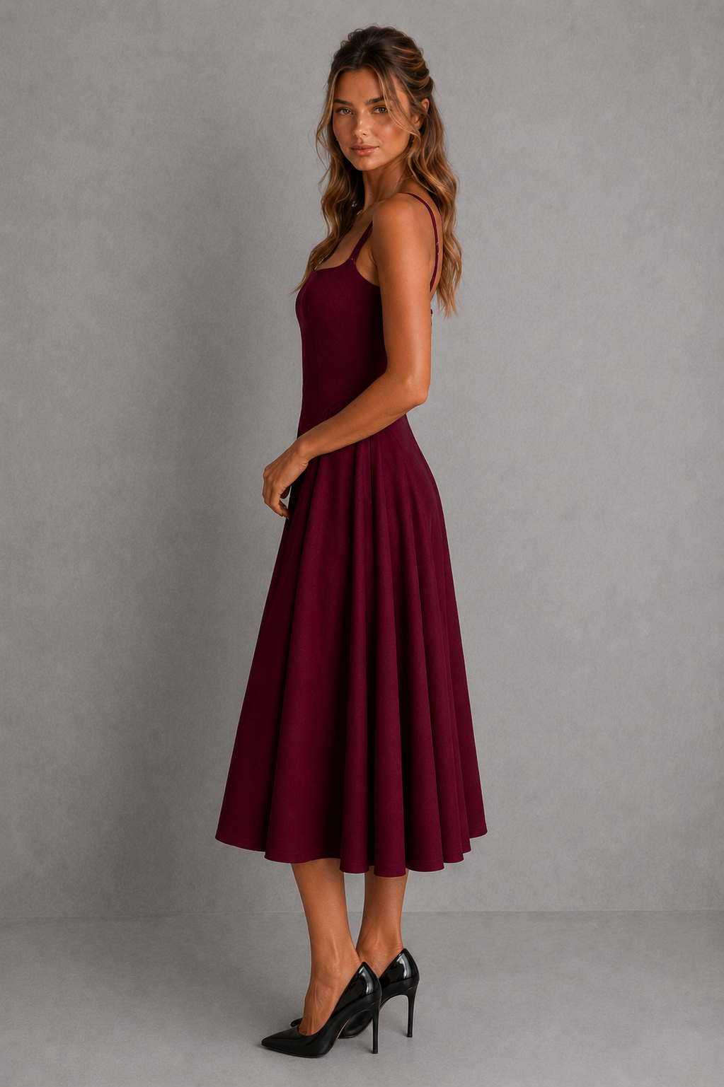 Women’s Square Neck Midi Dress with Full Godet Skirt for Evening & Formal Wear