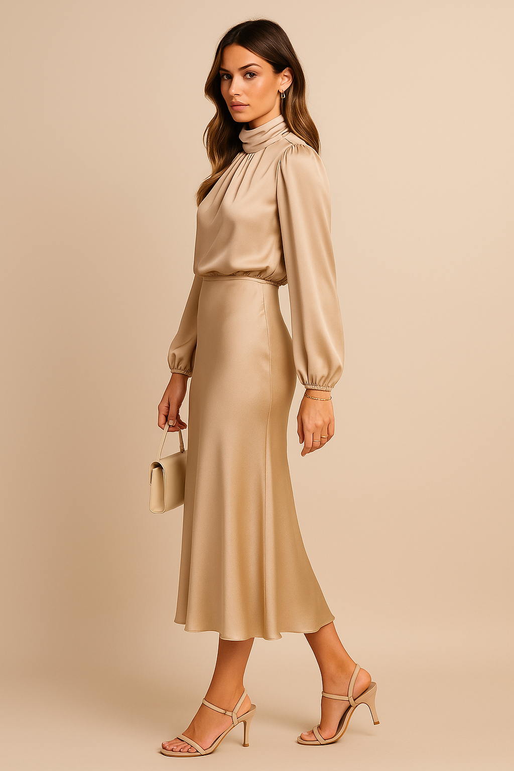 Women's High Neck Midi Dress, Long Sleeve Tailored Fit