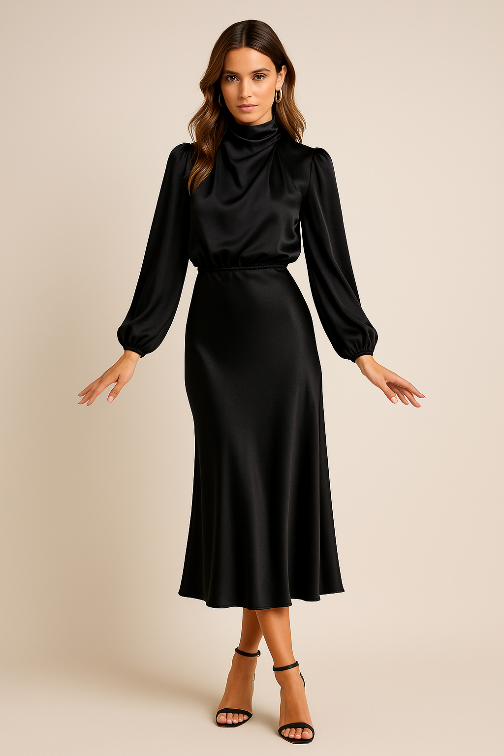 Women's High Neck Midi Dress, Long Sleeve Tailored Fit