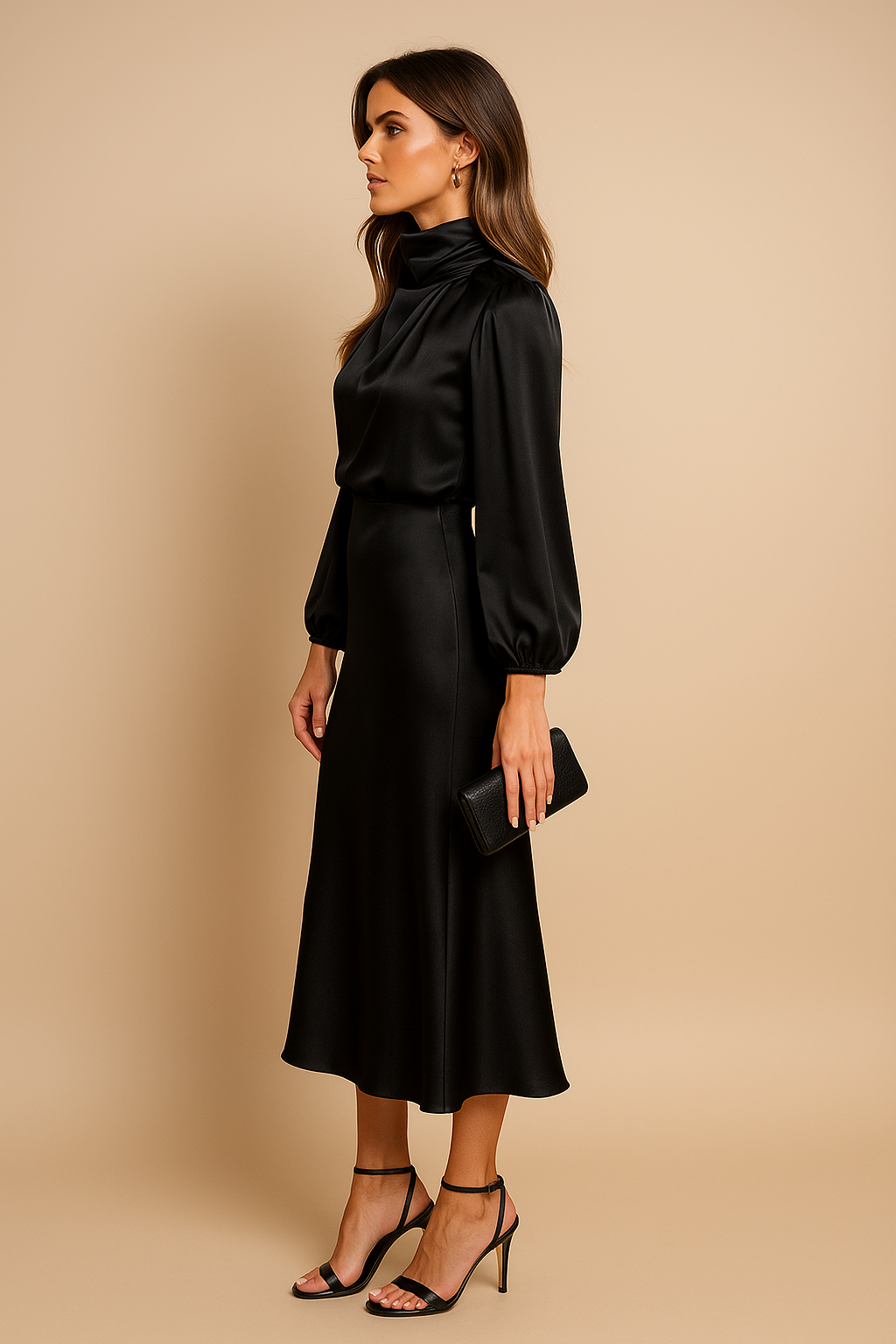 Women's High Neck Midi Dress, Long Sleeve Tailored Fit
