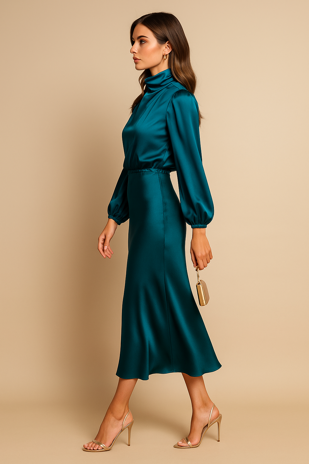 Women's High Neck Midi Dress, Long Sleeve Tailored Fit