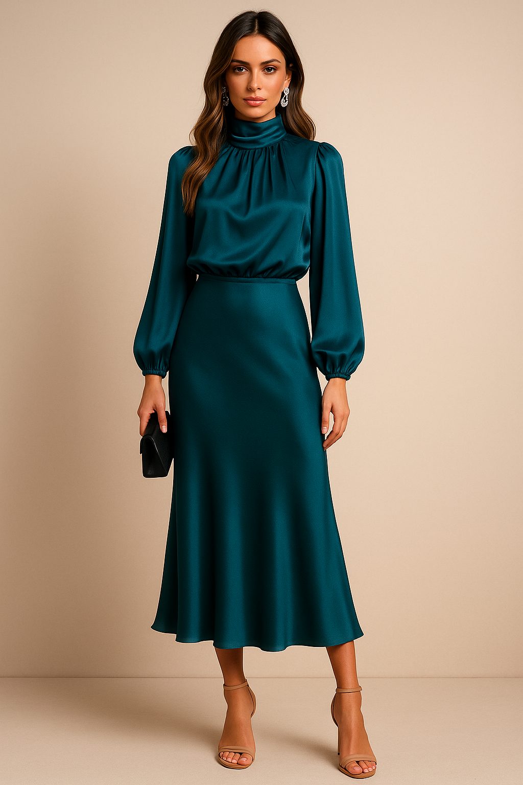 Women's High Neck Midi Dress, Long Sleeve Tailored Fit