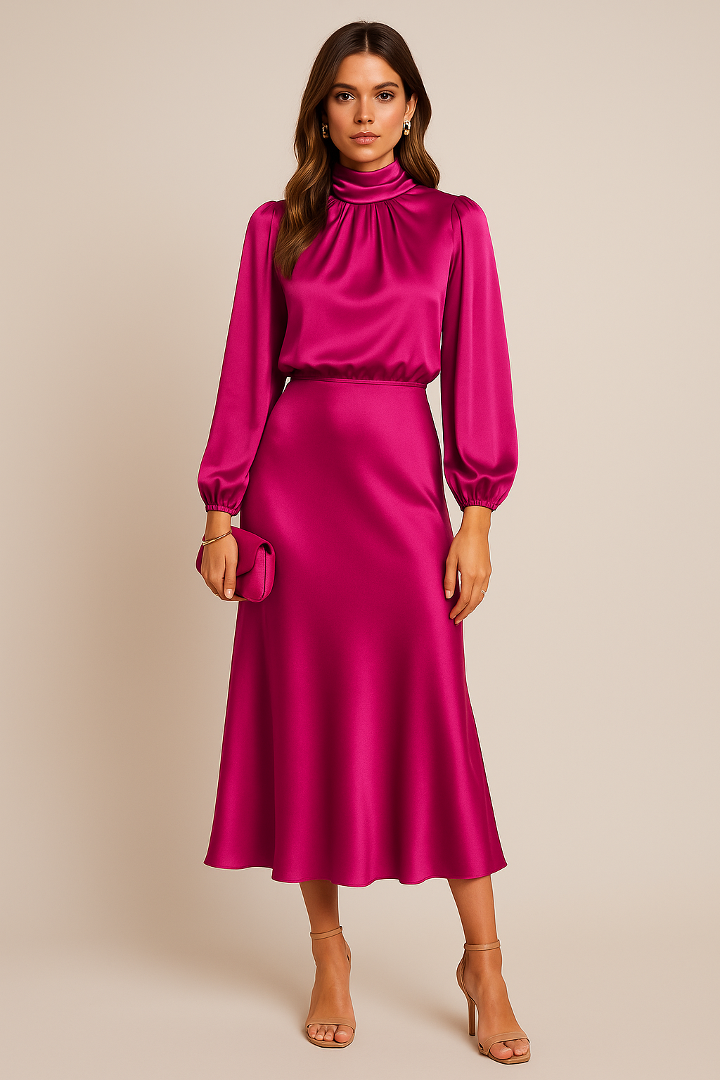 Women's High Neck Midi Dress, Long Sleeve Tailored Fit