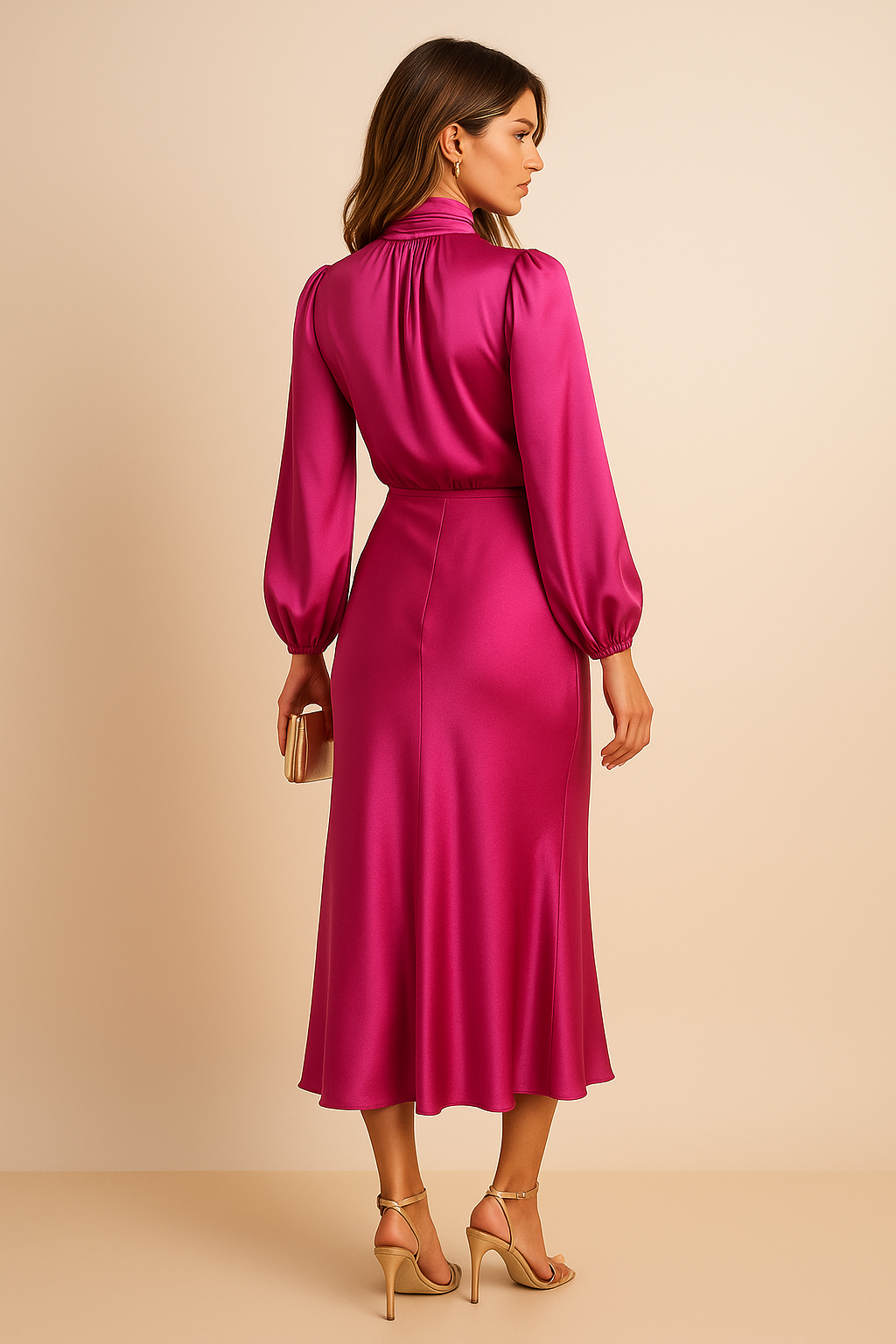 Women's High Neck Midi Dress, Long Sleeve Tailored Fit