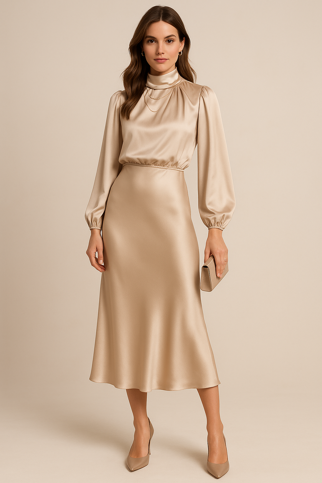 Women's High Neck Midi Dress, Long Sleeve Tailored Fit