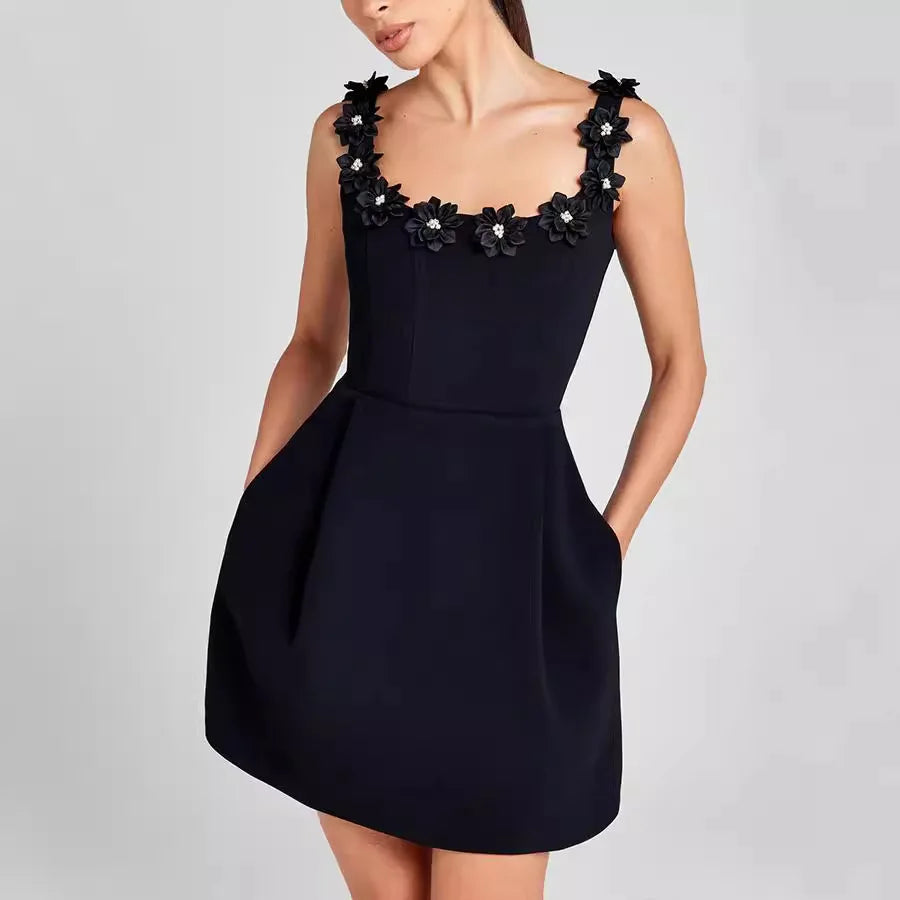 Women's mini sheath dress with square neck and floral detail