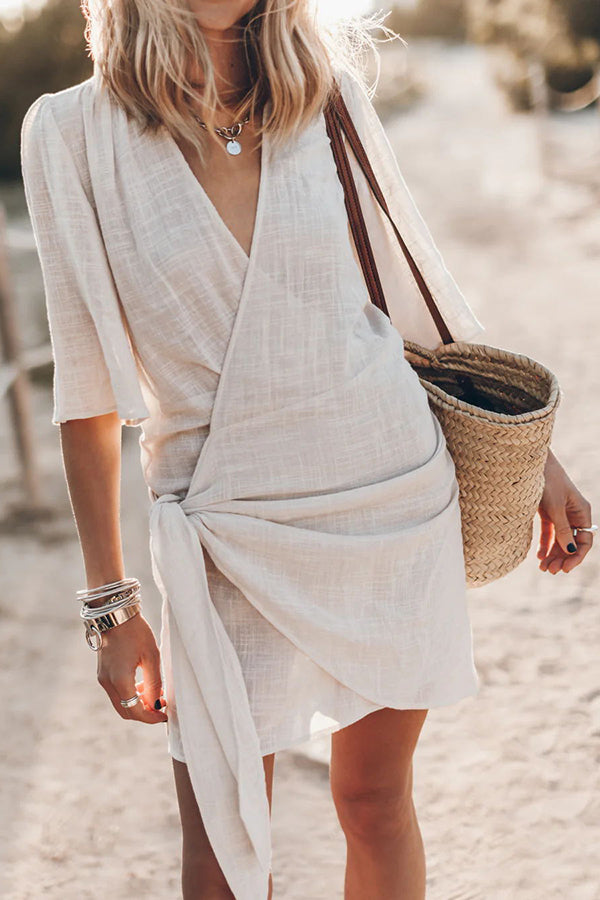 Women's Wrap Mini Dress Linen Wedding Guest Dresses Asymmetrical Hem