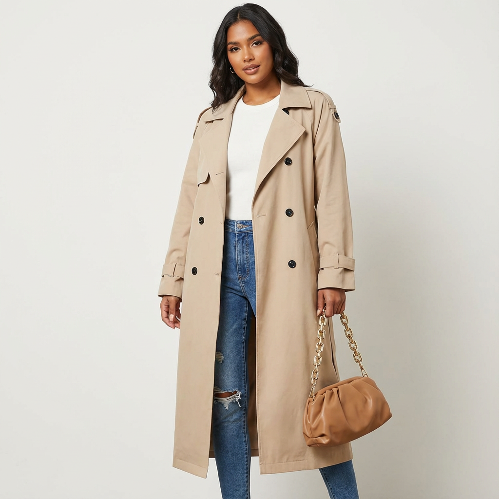 Ladies' Trench Coat Long Fit Classic Button Placket Casual Formal
