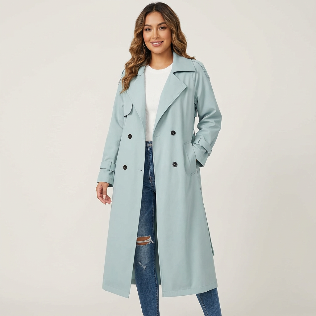 Ladies' Trench Coat Long Fit Classic Button Placket Casual Formal