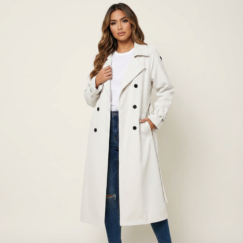 Ladies' Trench Coat Long Fit Classic Button Placket Casual Formal