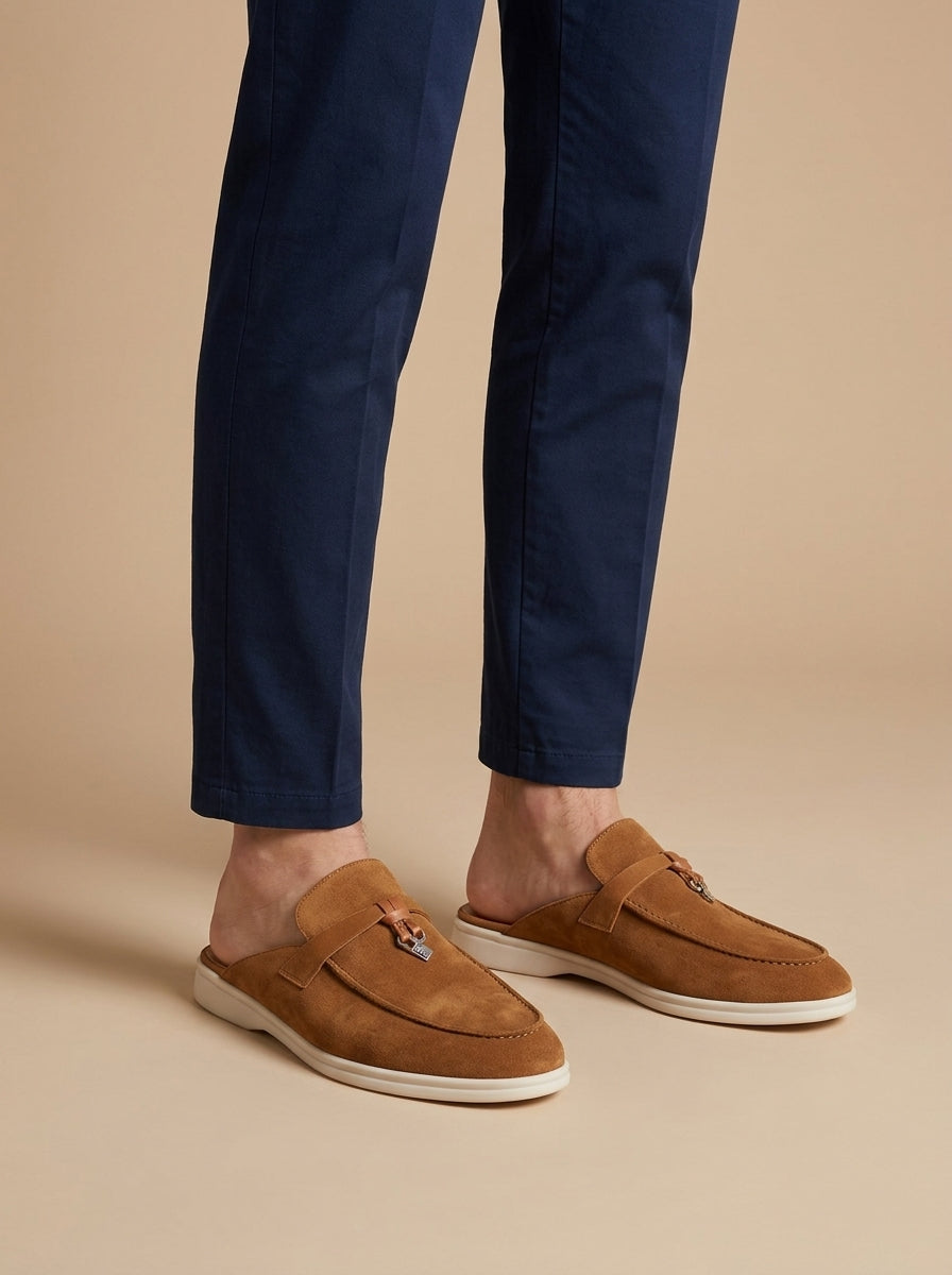 Men's Suede Mule Loafers Metal Bar Detail Slip On Shoes