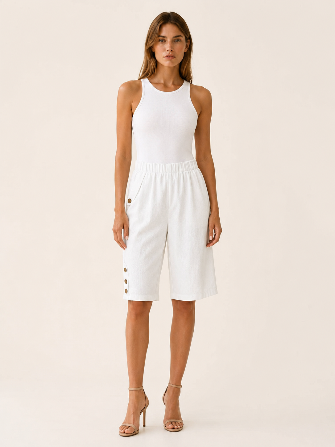 Women's Workout Shorts Elastic Waist Button Detail