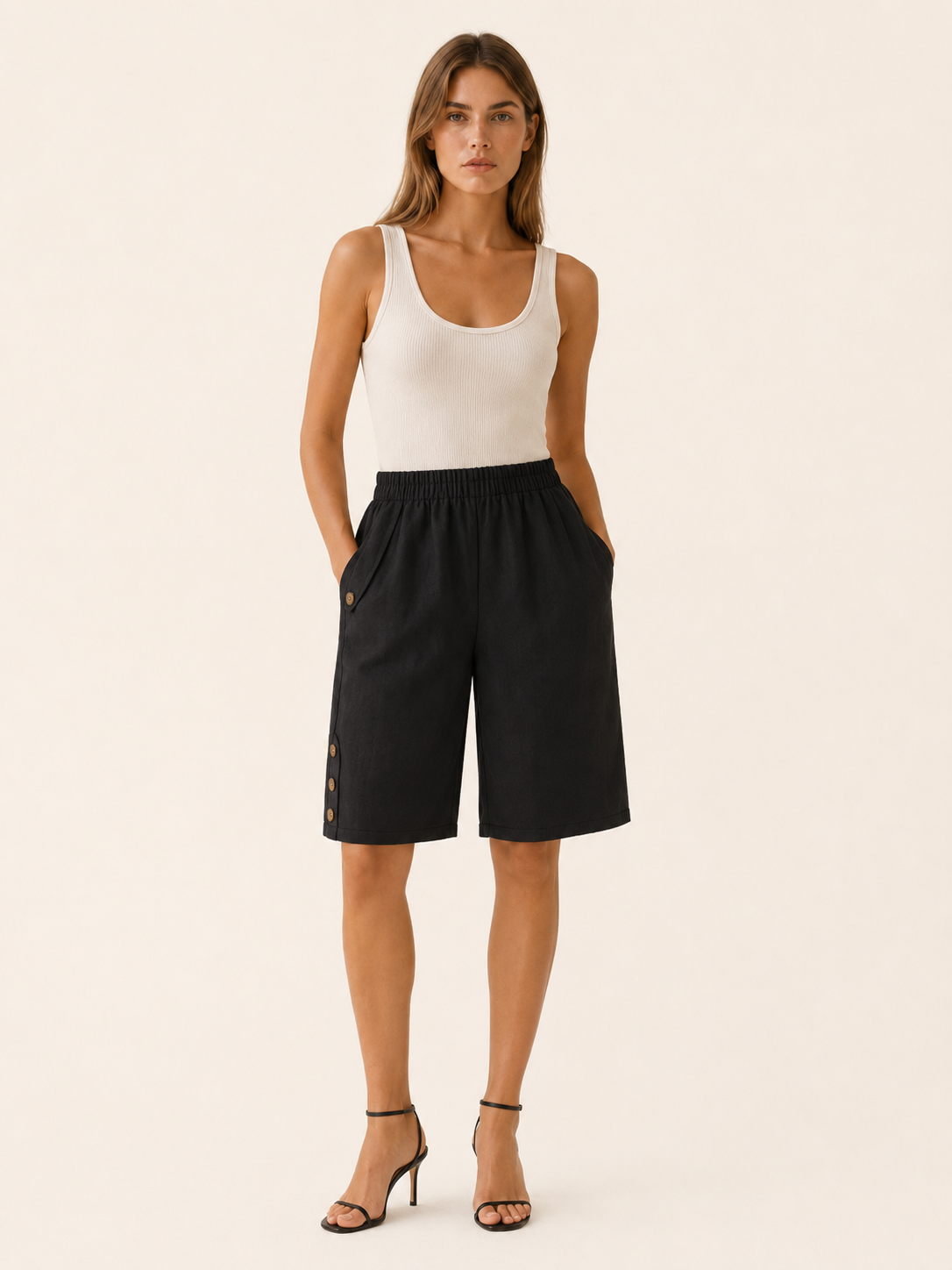 Women's Workout Shorts Elastic Waist Button Detail