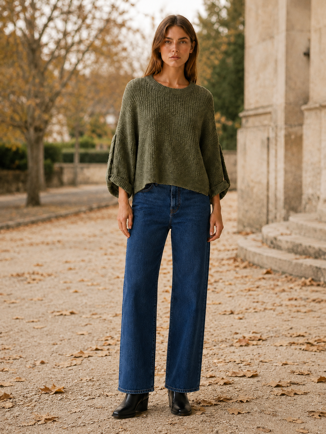 Round Neck Jumper with Roll-Up Sleeves