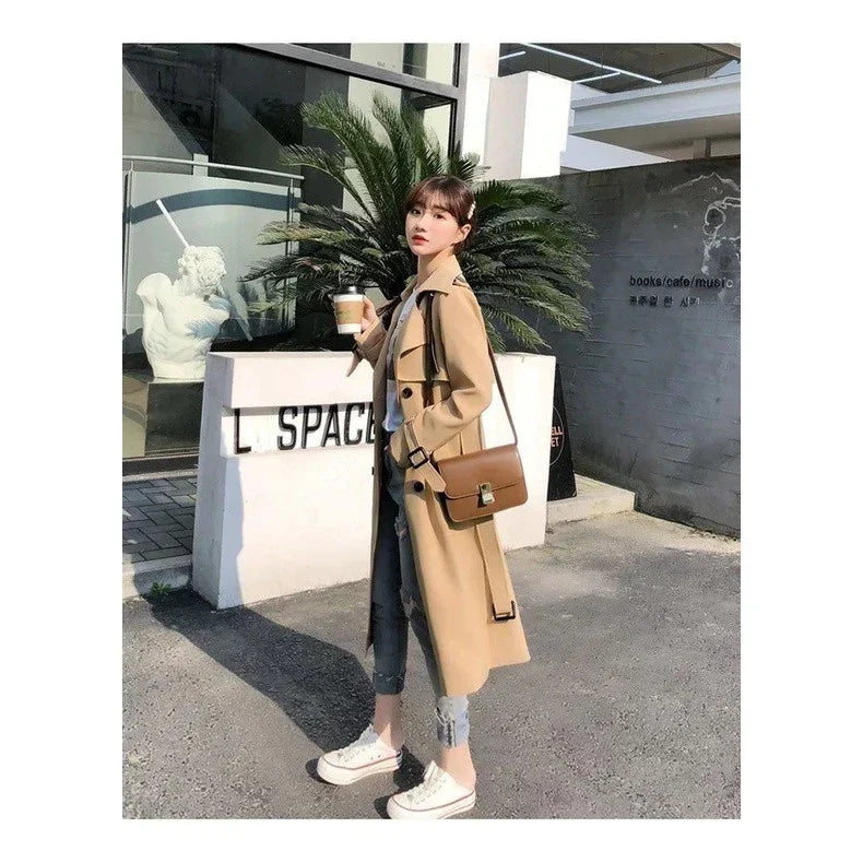 Long Ladies' Trench Coat with Double-Breasted Closure