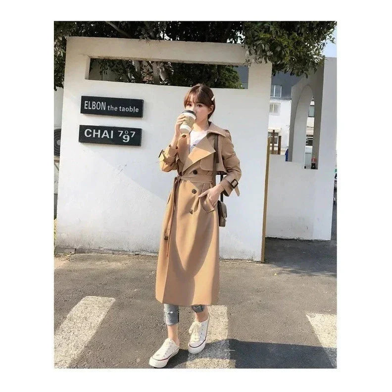 Long Ladies' Trench Coat with Double-Breasted Closure