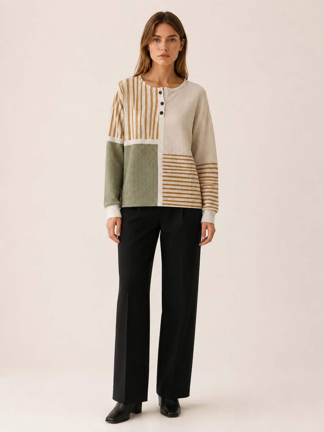 Women's Striped Panel Button Neck Jumper
