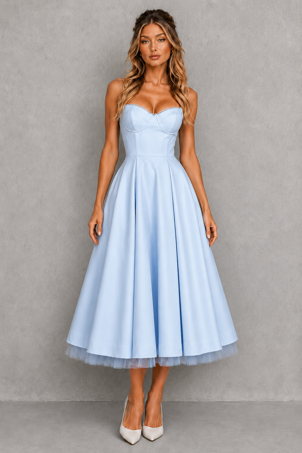 Women's Corset Midi Dress with Full Skirt - Wedding Guest & Occasion Wear