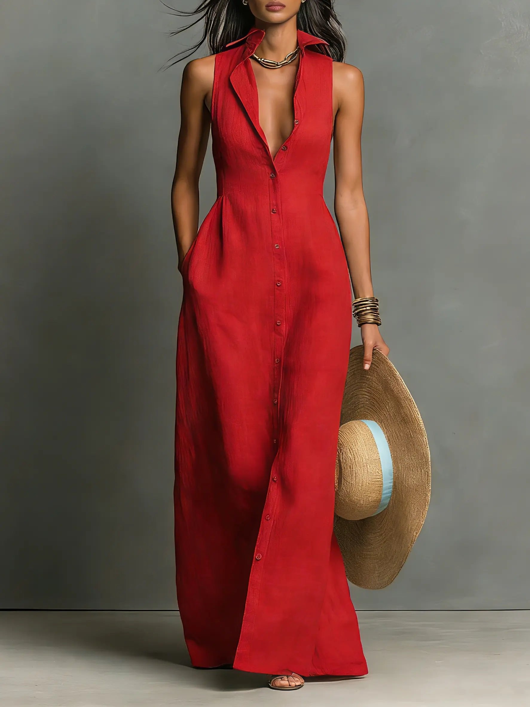 Women's Sleeveless Maxi Dress Shirt Style