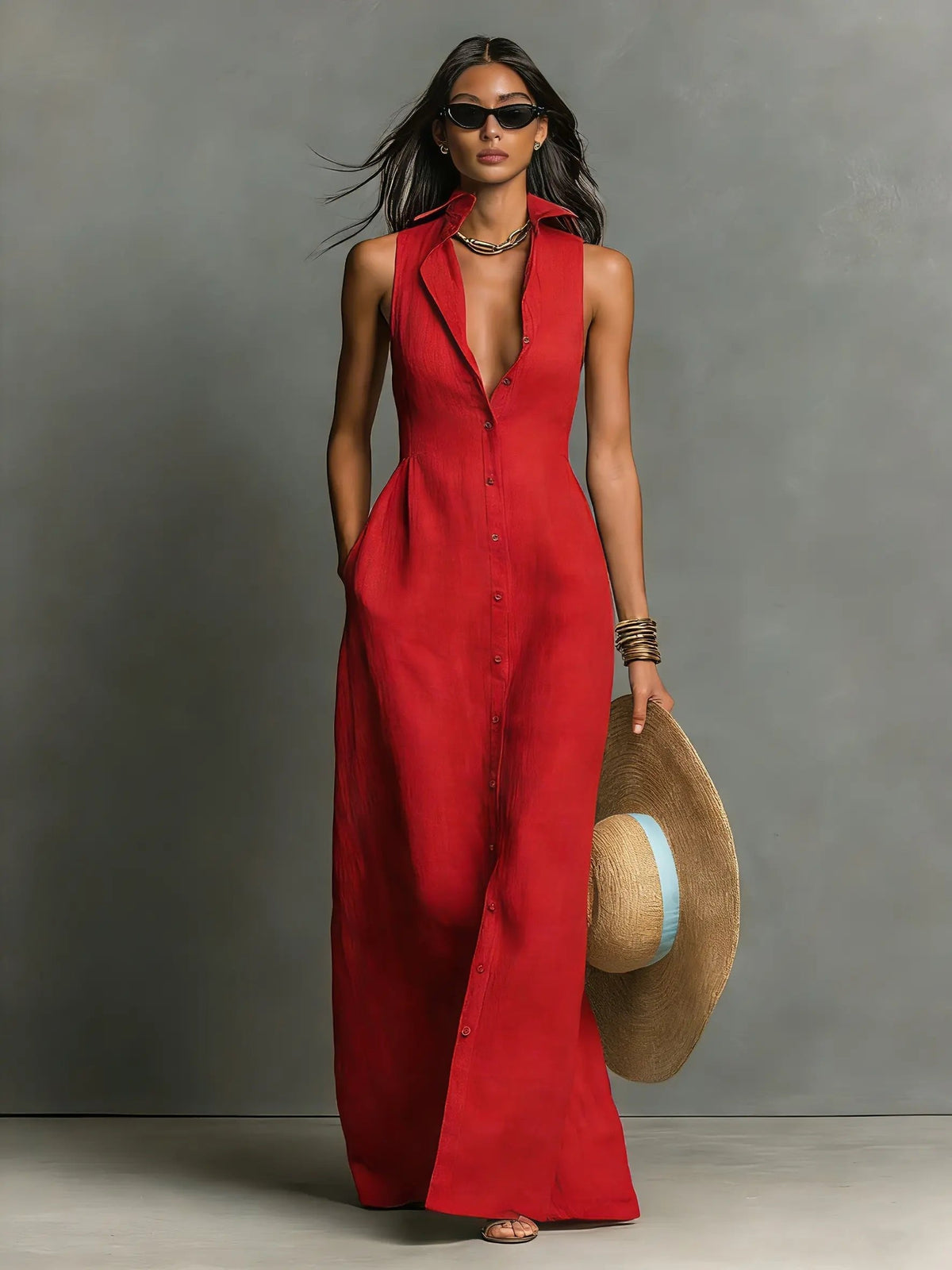 Women's Sleeveless Maxi Dress Shirt Style