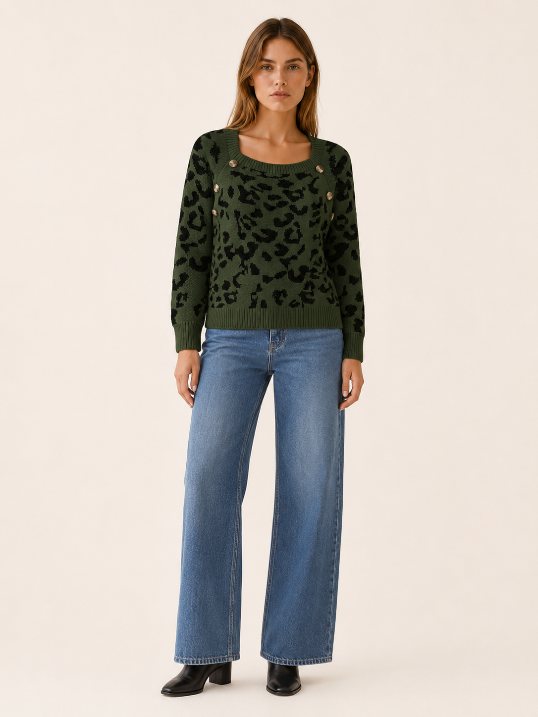 Square Neck Sweater with Leopard Print and Button Detail